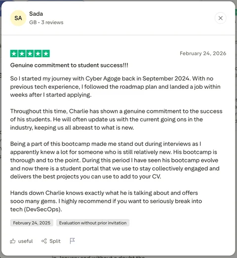 Student review screenshot from the existing Cyber Agoge website